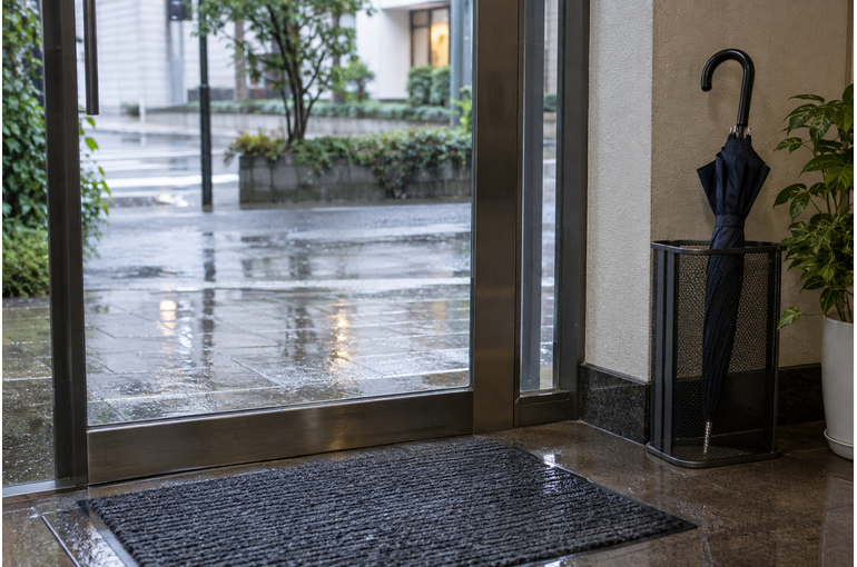 雨の日は、入口の足元にも。