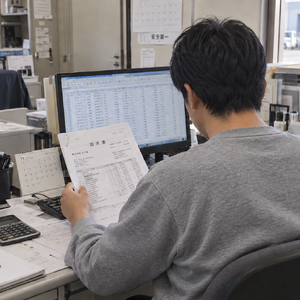 請求書とパソコンを確認しながら作業する男性の後ろ姿