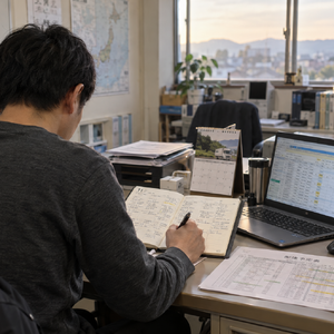 手帳とパソコンで翌週の予定を確認する男性の後ろ姿