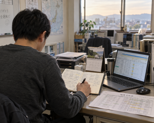 手帳とパソコンで翌週の予定を確認する男性の後ろ姿
