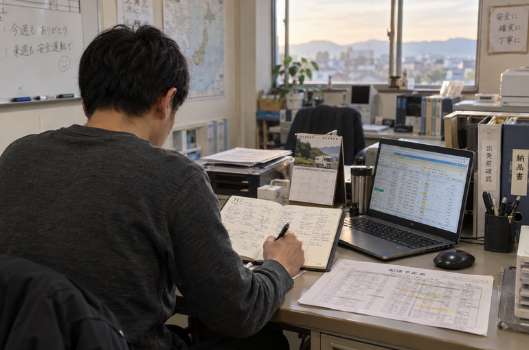 手帳とパソコンで翌週の予定を確認する男性の後ろ姿