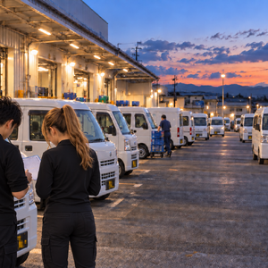 夕方の配送拠点で出発前の確認をするスタッフと軽貨物車