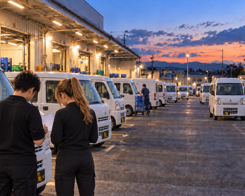 夕方の配送拠点で出発前の確認をするスタッフと軽貨物車