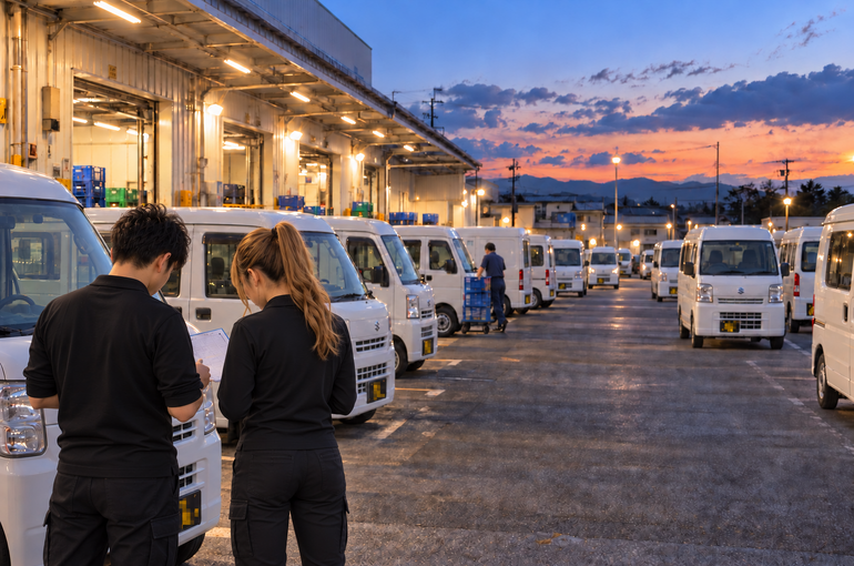 夕方の配送拠点で出発前の確認をするスタッフと軽貨物車