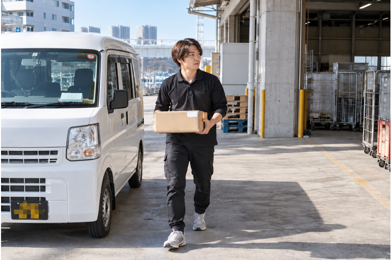 軽バンのそばで荷物を運ぶドライバー
