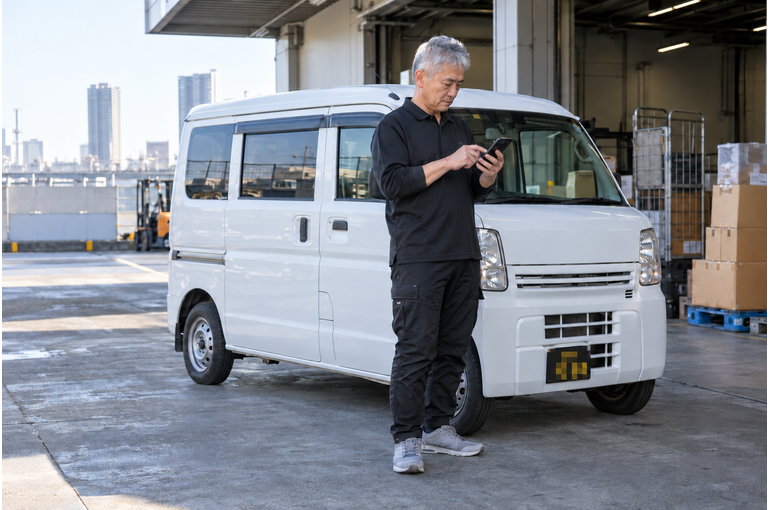 江東区9:00着車。平日に走れる日を教えてくださいに関連する軽貨物配送の作業風景