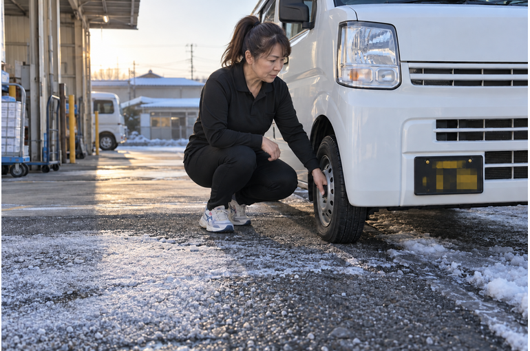 雪の翌朝、橋や日陰は特に慎重にに関連する軽貨物配送の作業風景