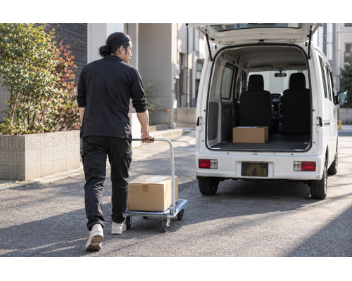 白い軽バンのそばで配送の準備をするドライバー