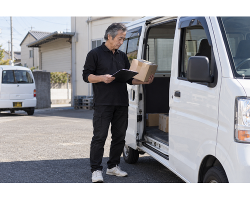 白い軽バンのそばで配送の準備をするドライバー