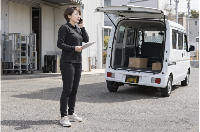 白い軽バンのそばで配送の準備をするドライバー
