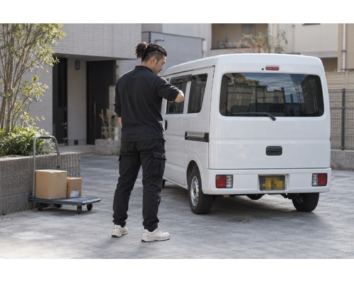 白い軽バンのそばで配送の準備をするドライバー