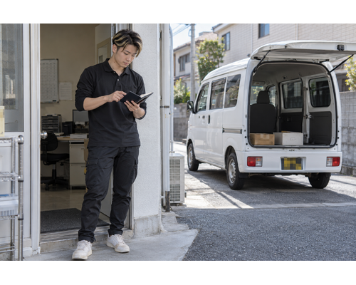 白い軽バンのそばで配送の準備をするドライバー