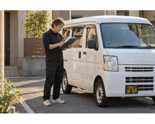 白い軽バンのそばで配送の準備をするドライバー