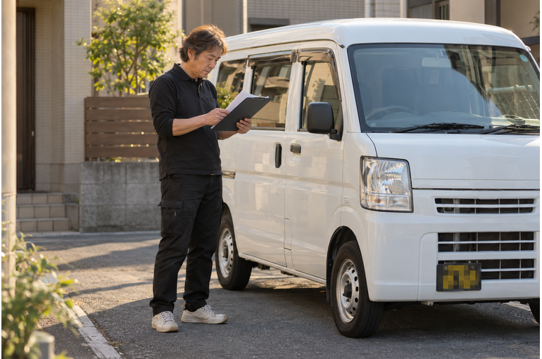 白い軽バンのそばで配送の準備をするドライバー
