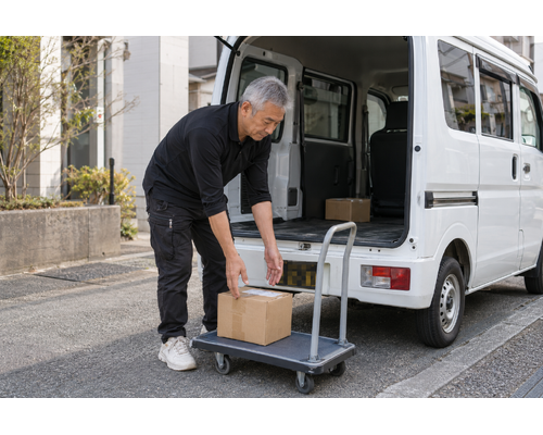 白い軽バンのそばで配送の準備をするドライバー