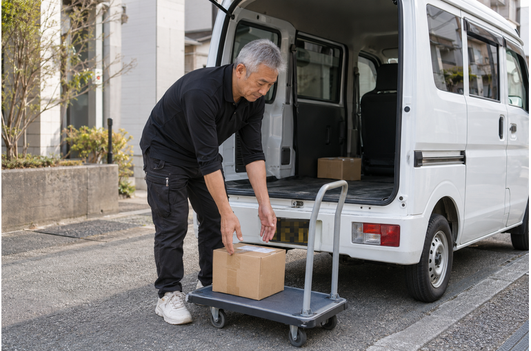 白い軽バンのそばで配送の準備をするドライバー
