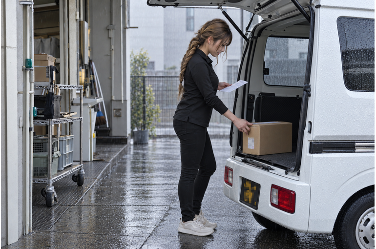 雨の日に屋根のある場所で荷物を確認する女性
