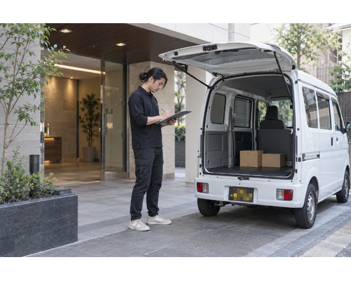 白い軽バンのそばで配送の準備をするドライバー