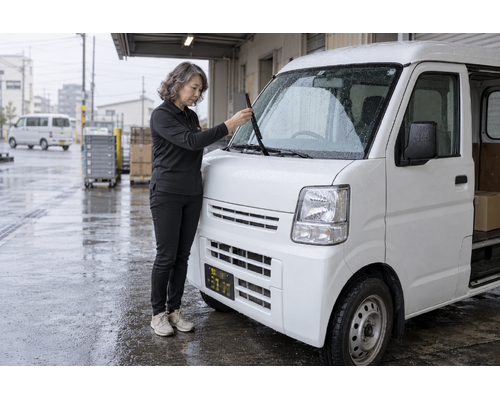 雨の日に軽バンのワイパーを確認する女性