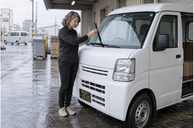 雨の日に軽バンのワイパーを確認する女性