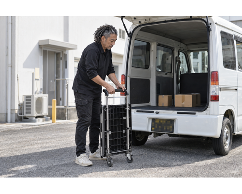白い軽バンのそばで配送の準備をするドライバー