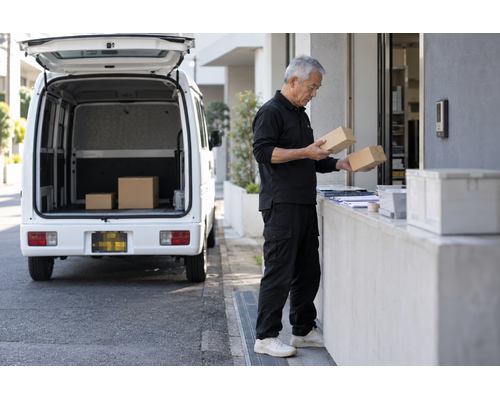 荷物と伝票を照合する男性