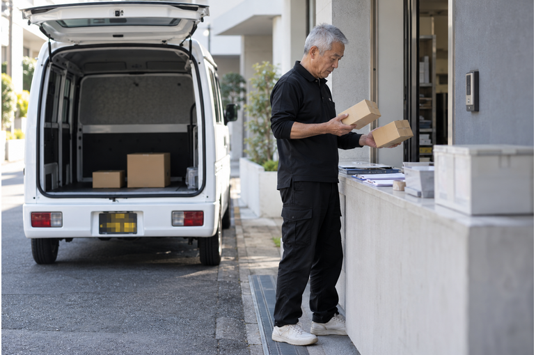 荷物と伝票を照合する男性