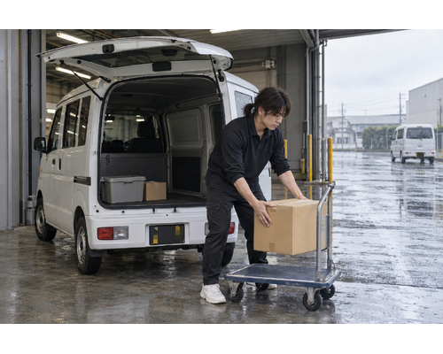 雨の日に屋根のある場所で配送の準備をするドライバー