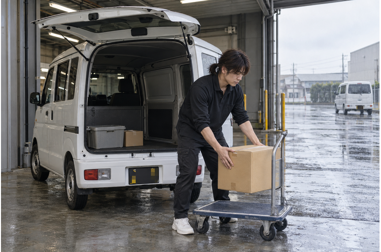 雨の日に屋根のある場所で配送の準備をするドライバー