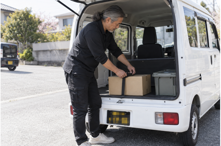 白い軽バンのそばで配送作業をするドライバー