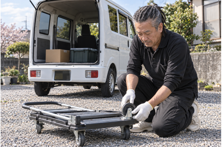 白い軽バンのそばで配送作業をするドライバー