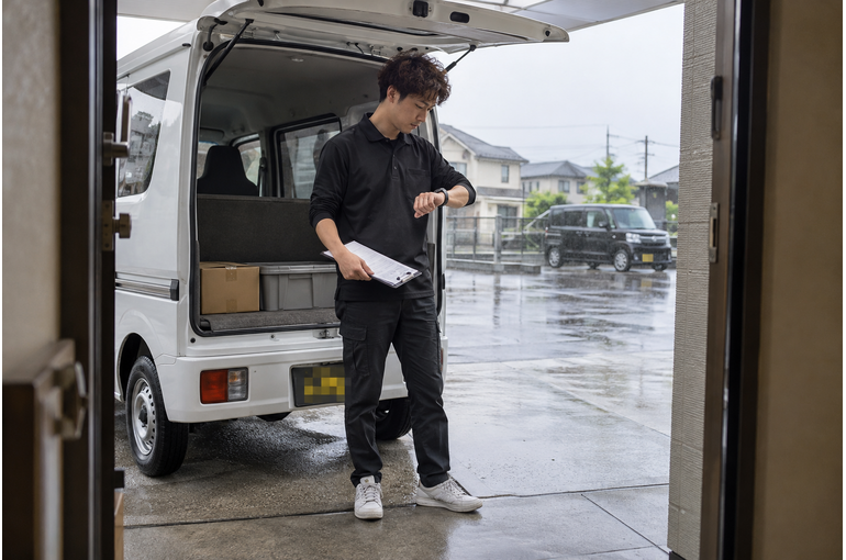 白い軽バンのそばで配送作業をするドライバー