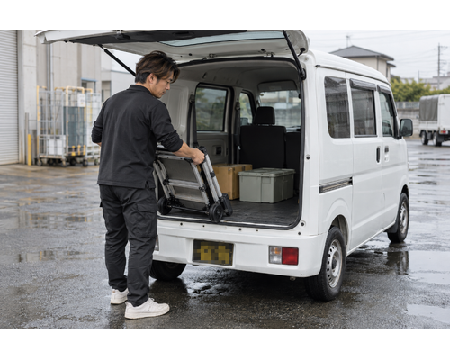 白い軽バンのそばで配送作業をするドライバー