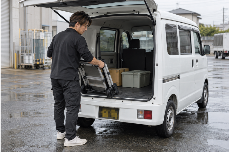 白い軽バンのそばで配送作業をするドライバー