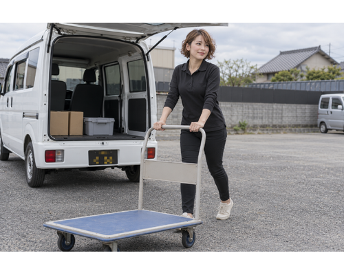 白い軽バンのそばで配送作業をするドライバー