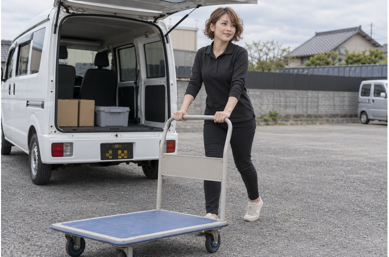 白い軽バンのそばで配送作業をするドライバー