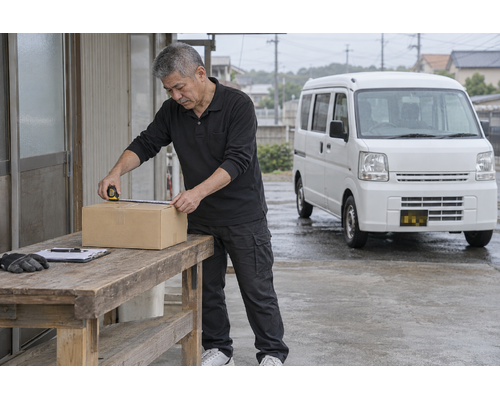 白い軽バンのそばで配送作業をするドライバー