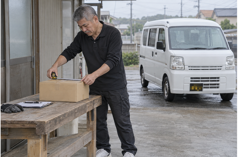 白い軽バンのそばで配送作業をするドライバー