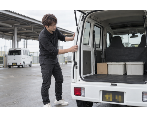 白い軽バンのそばで配送作業をするドライバー