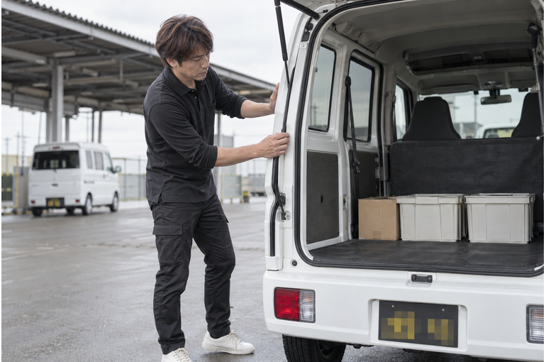 白い軽バンのそばで配送作業をするドライバー