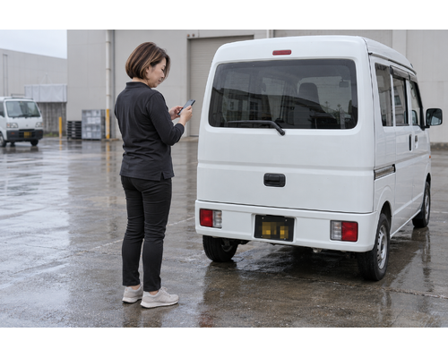 白い軽バンのそばで配送作業をするドライバー