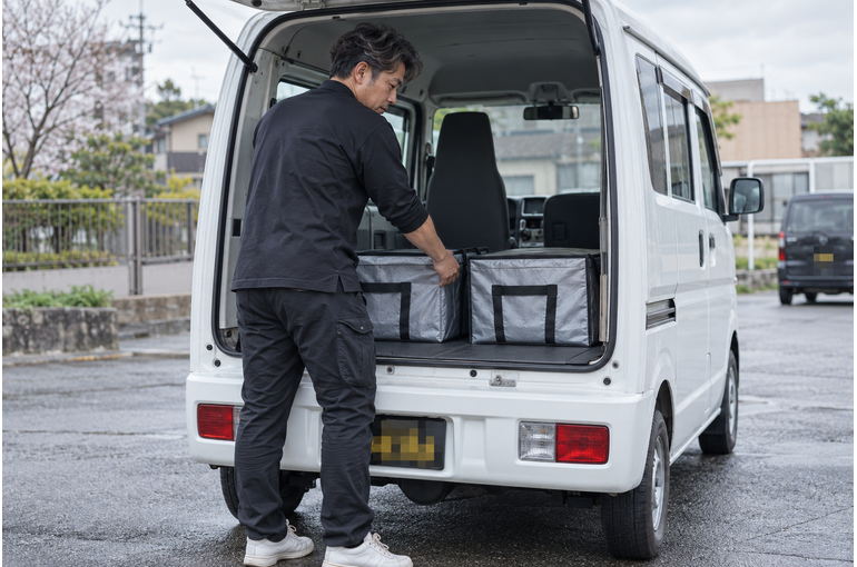 配送用の容器を確認するドライバーと軽バン
