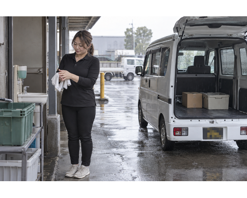 雨の日に屋根のある場所で配送の準備をするドライバー