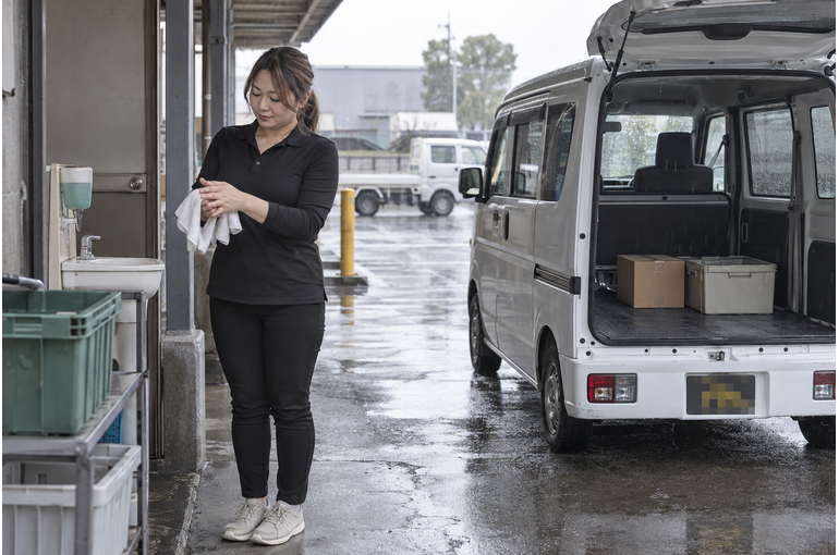 雨の日に屋根のある場所で配送の準備をするドライバー
