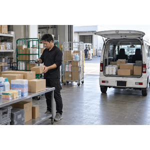 配送センターで日用品や雑貨の出荷準備をするスタッフ