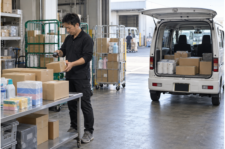 配送センターで日用品や雑貨の出荷準備をするスタッフ