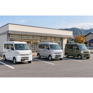 架空のコンビニ前に間隔を空けて並ぶ色違いの軽貨物車3台
