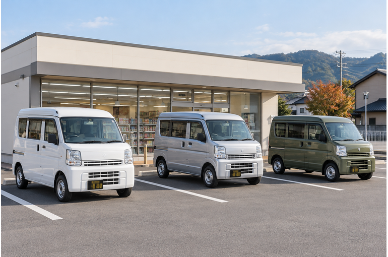 架空のコンビニ前に間隔を空けて並ぶ色違いの軽貨物車3台