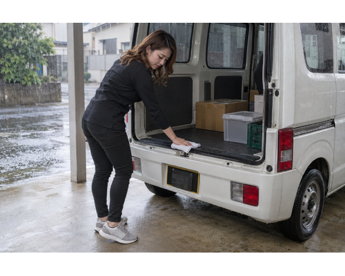 雨の日に軽バンの荷室入口を拭く女性ドライバー