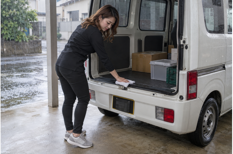 雨の日に軽バンの荷室入口を拭く女性ドライバー